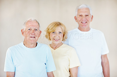Buy stock photo Wellness, happy or old people in house with portrait, positive attitude or optimism on weekend break. Wellbeing, smile or friends with good mood, confidence and bonding together in retirement home.