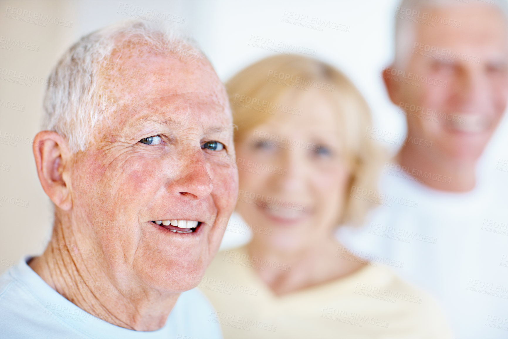 Buy stock photo Wellness, smile and old people in house with portrait, positive attitude and optimism on weekend break. Wellbeing, happy and friends with good mood, confidence and satisfaction in retirement home.