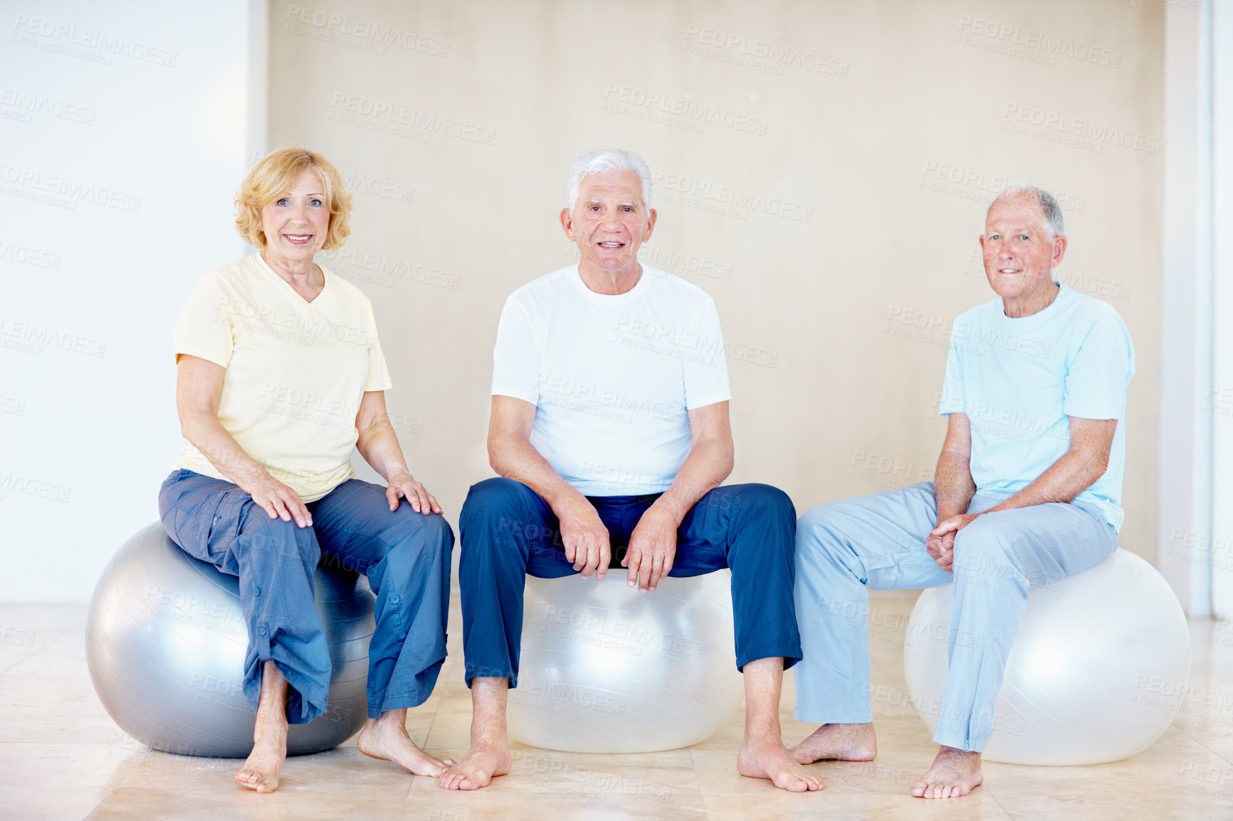 Buy stock photo Senior people, portrait and exercise ball in gym for pilates, preparation and wellness. Elderly person, smile and group in health club with equipment, mobility development or fitness for retirement