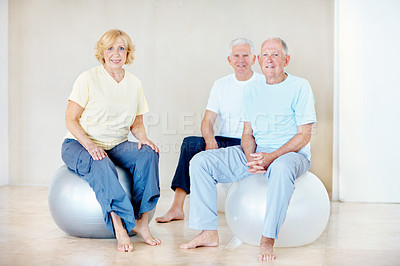 Buy stock photo Elderly people, portrait and exercise ball in gym for pilates, development and wellness. Senior person, smile and group in health club with confidence, mobility workout or fitness for retirement