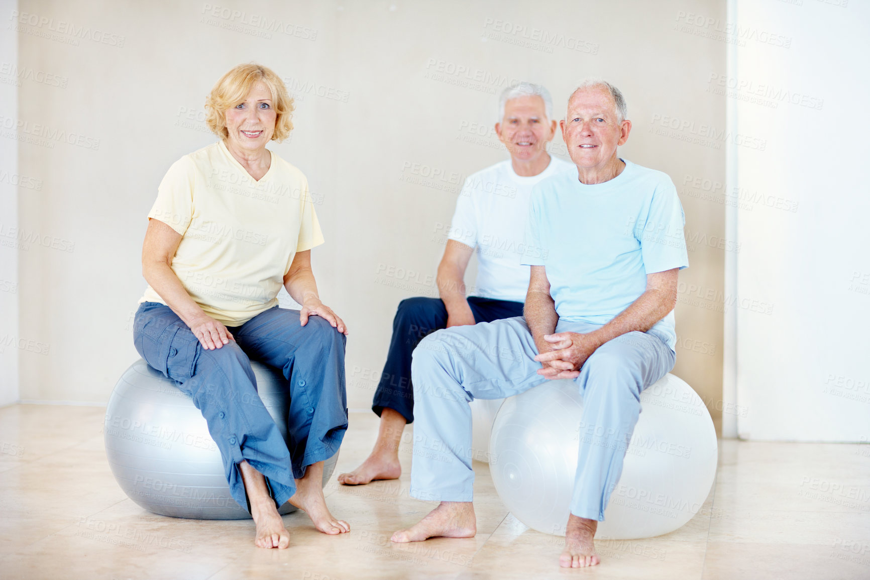 Buy stock photo Elderly people, portrait and exercise ball in gym for pilates, development and wellness. Senior person, smile and group in health club with confidence, mobility workout or fitness for retirement