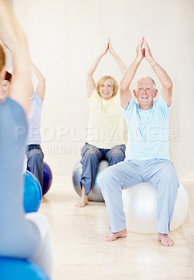 Buy stock photo Fitness, pilates and senior people with personal trainer in studio for health or wellness. Exercise class, retirement and support with instructor at gym for coaching, physical activity or training