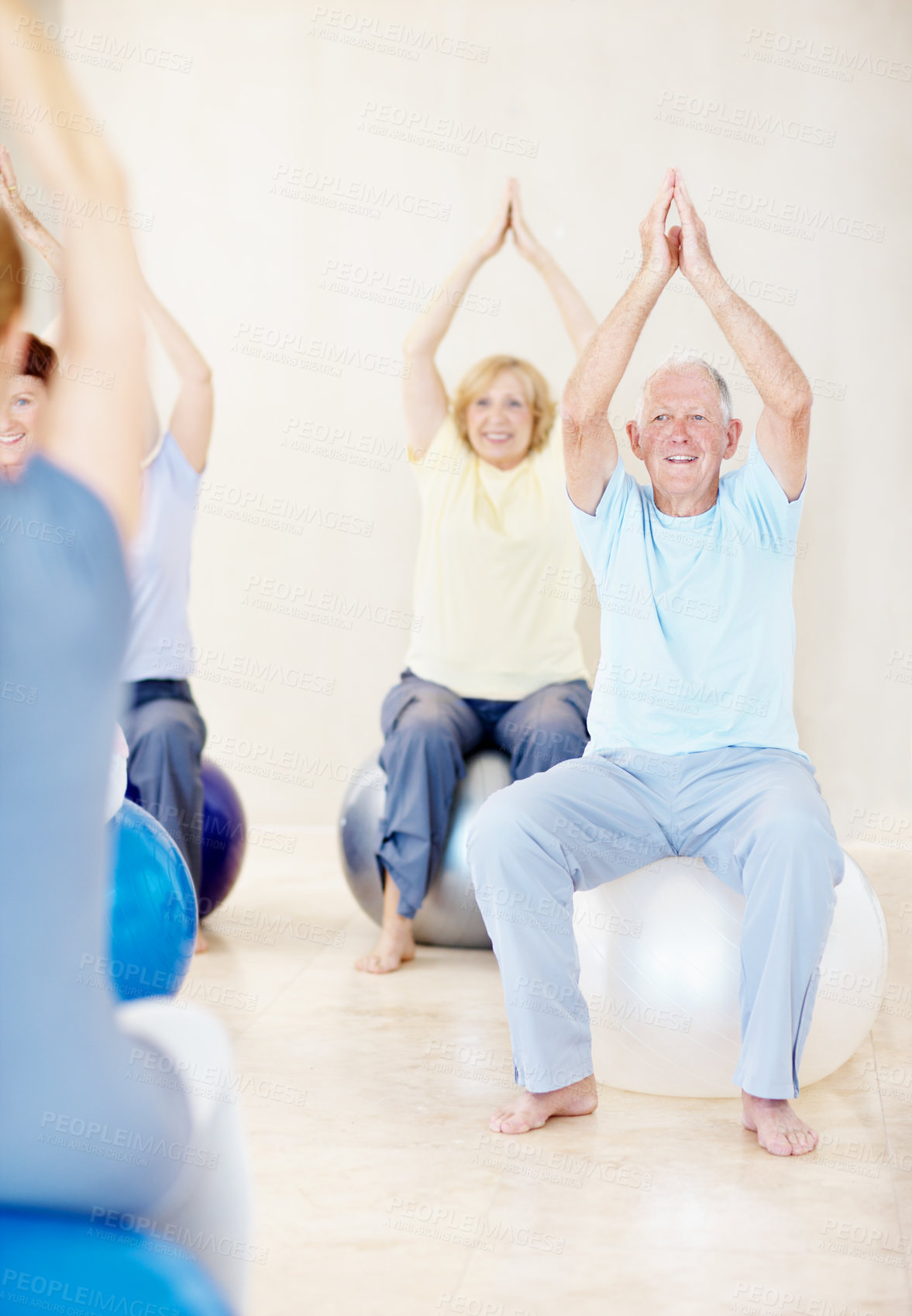Buy stock photo Fitness, pilates and senior people with personal trainer in studio for health or wellness. Exercise class, retirement and support with instructor at gym for coaching, physical activity or training