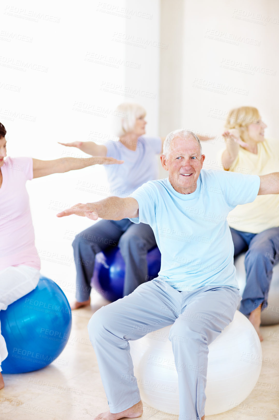 Buy stock photo Pilates, smile and stretching with senior people in studio for fitness, health or wellness. Ball, exercise and group with elderly friends in gym class together for activity, retirement or training