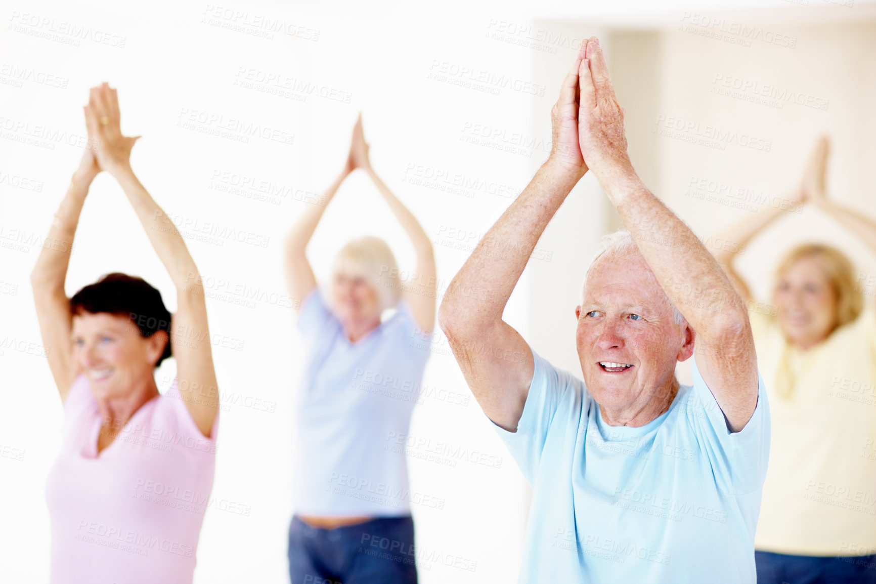 Buy stock photo Pilates, posture and smile with senior friends in studio for fitness, health or wellness. Exercise, hands together and position with old people in gym class for activity, retirement or training
