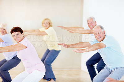 Buy stock photo Energy, pilates and stretching with senior people in studio for fitness, health or wellness. Exercise, posture and smile with old friends in gym class together for activity, retirement or training