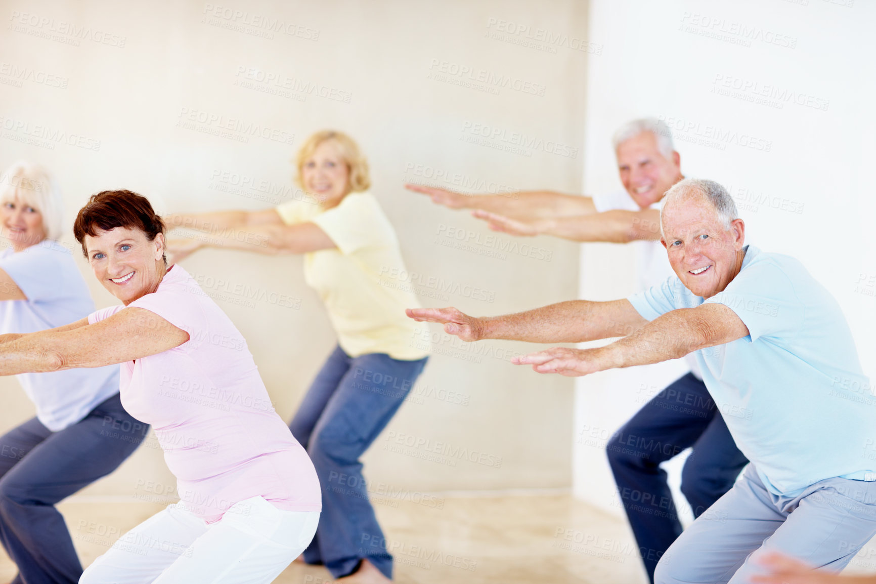 Buy stock photo Energy, pilates and stretching with senior people in studio for fitness, health or wellness. Exercise, posture and smile with old friends in gym class together for activity, retirement or training
