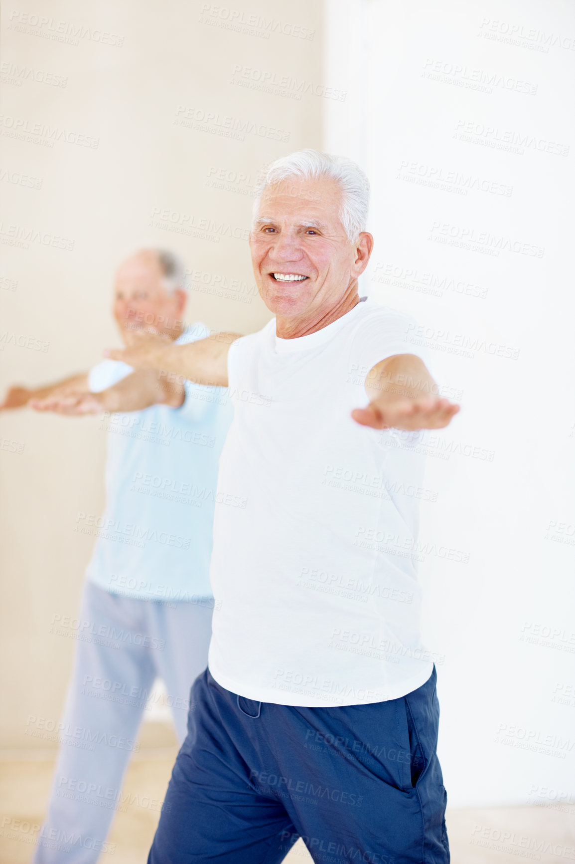 Buy stock photo Fitness, happy or old man in gym class with stretching, active or team workout in wellness hobby. Smile, space or senior people in center with mobility, training group or keeping fit in retirement.