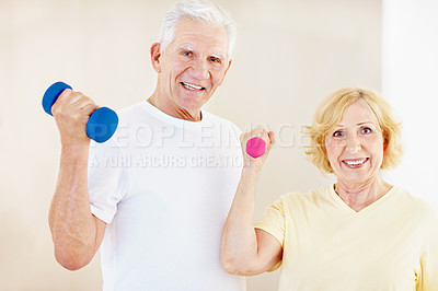 Buy stock photo Fitness, portrait or old couple in gym with dumbbell, arm workout or bicep curl in active hobby. Smile, wellness or senior people with equipment, muscle strength or weightlifting in retirement.