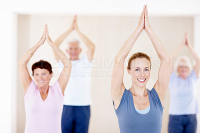 Buy stock photo Prayer hands, coach and happy woman in yoga class with senior group for fitness, portrait and health. Elderly people, yogi and instructor stretching, exercise guide or upward salute at wellness club