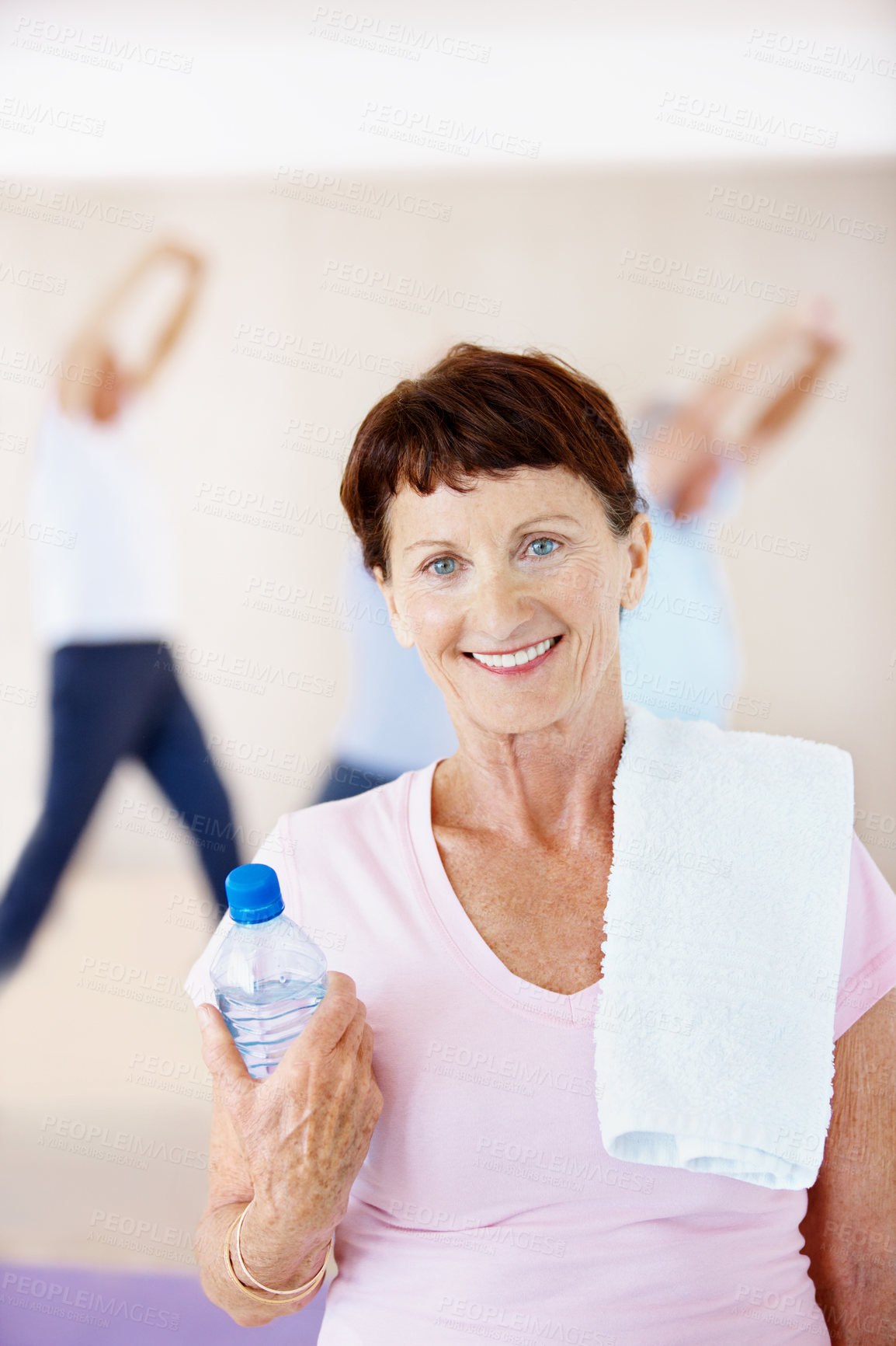 Buy stock photo Portrait, break or old woman in gym class with drink, cardio rest or group fitness in workout hobby. Happy, towel or senior person with water, cool down or hydration recovery in retirement training.