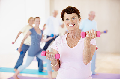Buy stock photo Fitness, portrait or old woman in class with dumbbells, arm workout or mobility in active hobby. Smile, wellness or senior person with equipment, muscle strength or weightlifting in retirement lesson