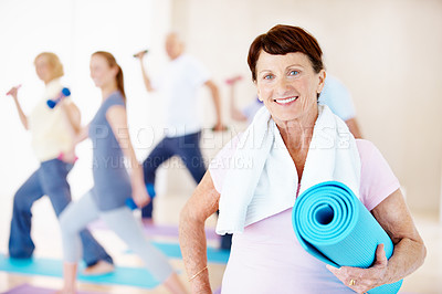 Buy stock photo Fitness, old woman and portrait in pilates class for morning wellness, health or ready for exercise. Retirement, senior person or happy with mat in studio for club membership, start practice or smile