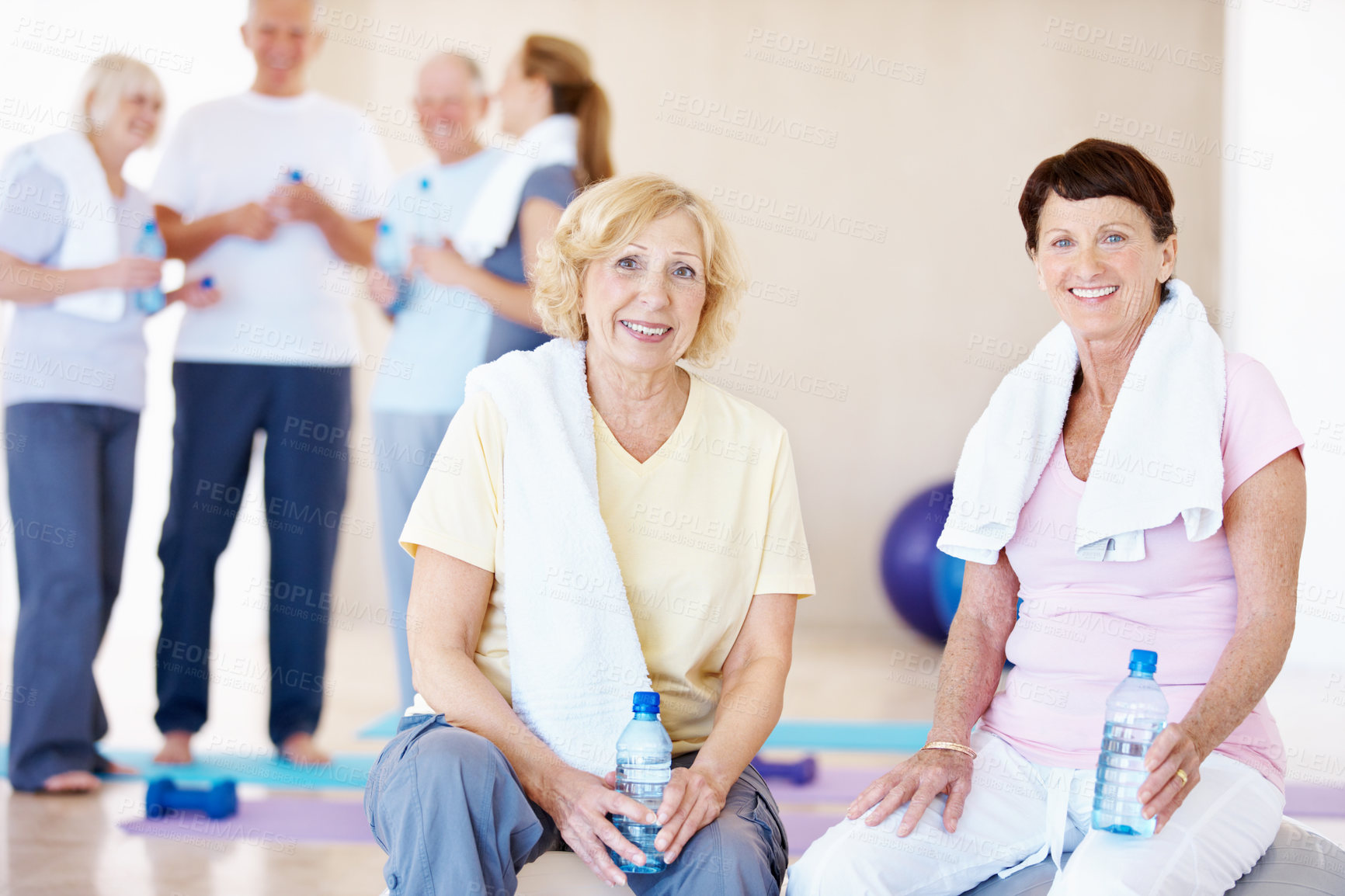 Buy stock photo Fitness, portrait or old women in gym with break, cardio rest or bonding in workout hobby. Smile, cool down or friends in center with water bottle, class connection or recovery in retirement training