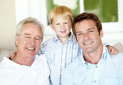 Buy stock photo Portrait, family and child on patio with smile, love and bonding together with affection. Happy, father and grandfather embrace on terrace with kid, connection and generations relationship at house