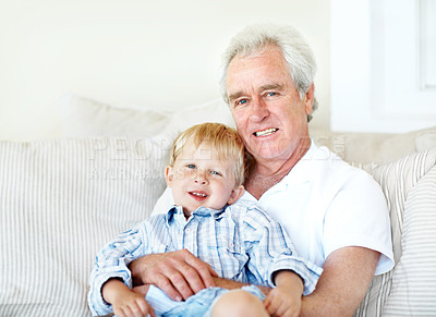 Buy stock photo Relax, portrait and grandfather with child on sofa for bonding, relationship and visit on weekend. Family, happy and senior man with boy on couch for connection, support or affection in home together