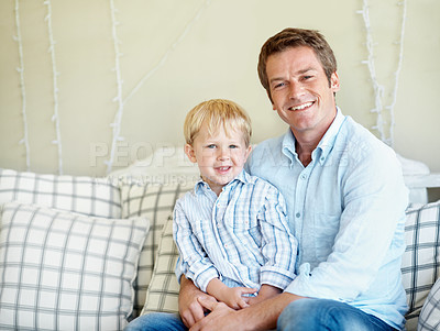 Buy stock photo Smile, portrait and dad with child in home for bonding, loving relationship and care for fathers day. Family, happy and man with kid on sofa for connection, support and relax together on weekend