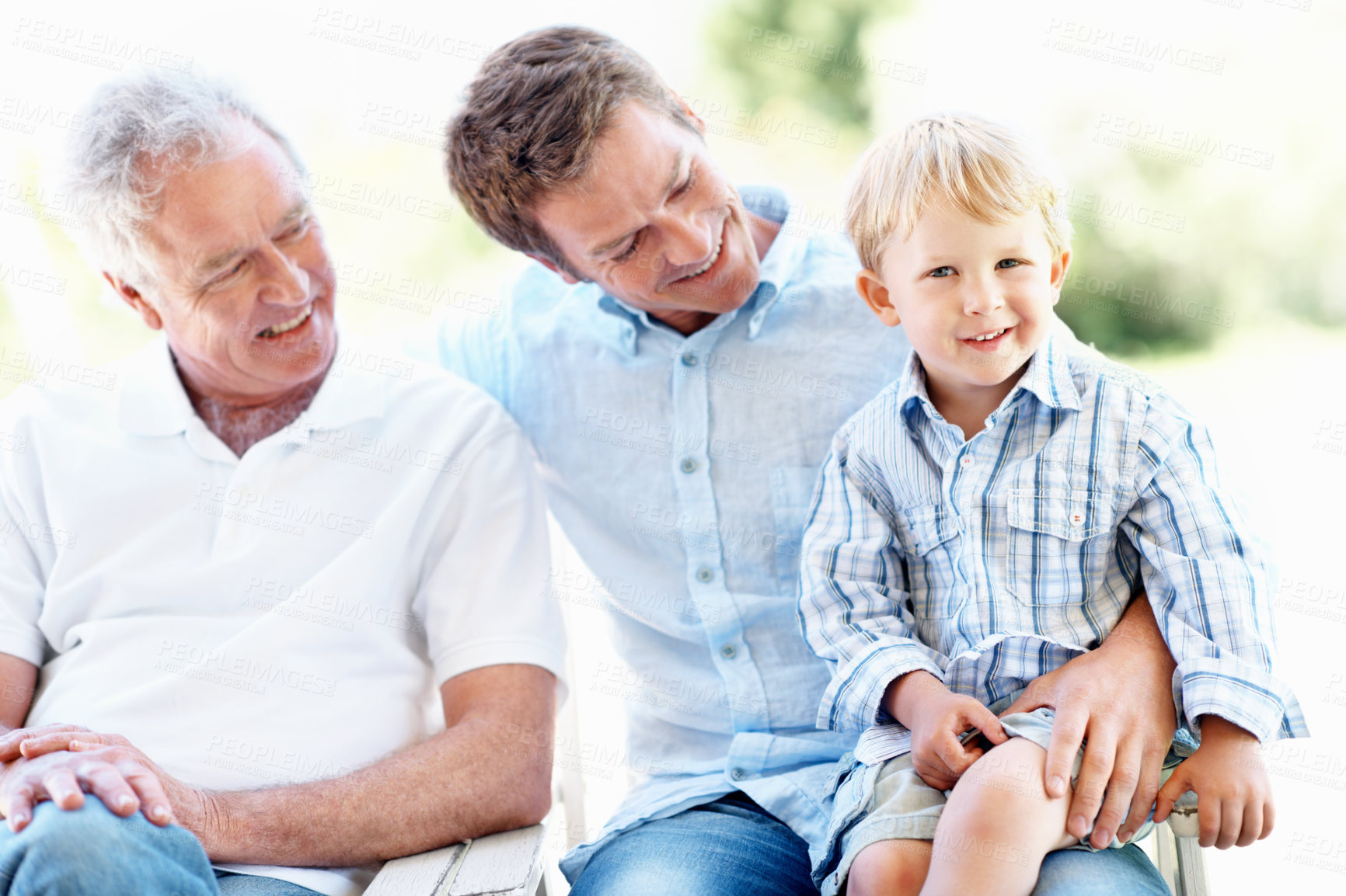 Buy stock photo Grandparent, father and child with smile in park for love, summer trip or bonding together. Portrait, family and grandfather with boy in nature for generations, weekend break and vacation or holiday