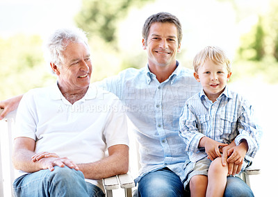 Buy stock photo Grandfather, dad and child in backyard for portrait, bonding and relax together on weekend. Generations, family and boy with grandpa, father and happy for relationship, connection and reunion outdoor