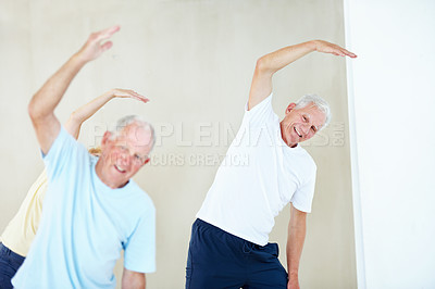 Buy stock photo Fitness, yoga and old man with stretching in class for physical mobility, start exercise or health. Studio, senior person and group with muscle warm up for retirement wellness, balance and happy