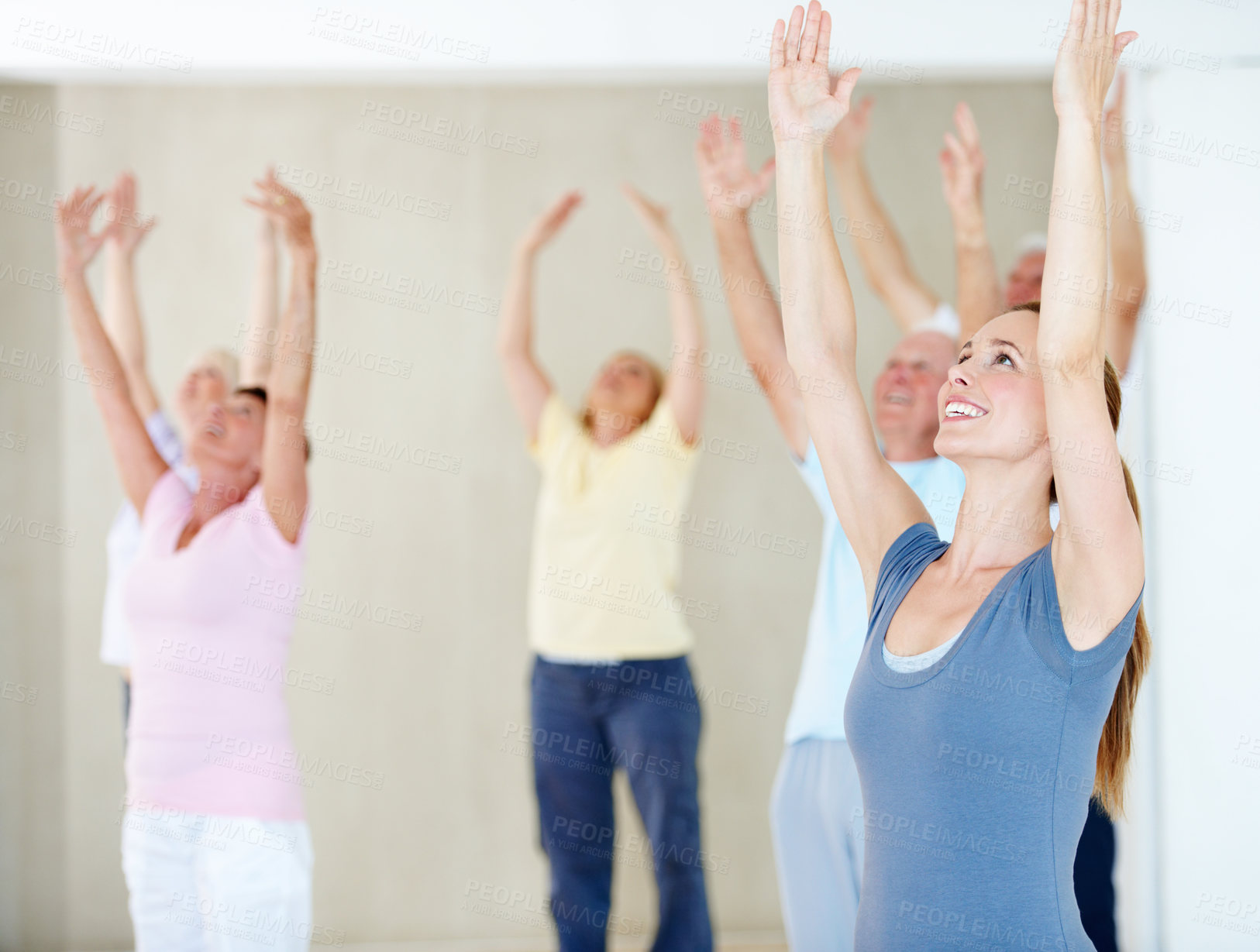 Buy stock photo Woman, coach and stretching with people for yoga, fitness and assistance for holistic balance. Smile, instructor or senior group with warm up for wellness, yogi demonstration and mobility flexibility