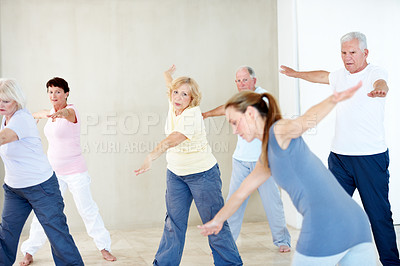 Buy stock photo Coach, stretching and yoga with senior people, fitness and assistance for holistic balance. Woman, instructor and elderly group with warm up for wellness, yogi demonstration and mobility flexibility