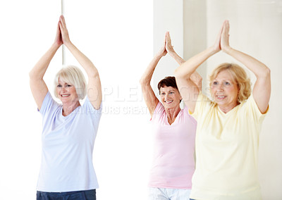 Buy stock photo Group, pilates and stretching with senior friends in studio for fitness, health or wellness. Exercise, mobility and smile with old women in gym class together for activity, retirement or training
