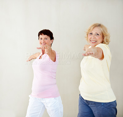 Buy stock photo Pilates, portrait and stretching with senior friends in studio for fitness, health or wellness. Exercise, smile and mobility with old women in gym class together for activity, retirement or training