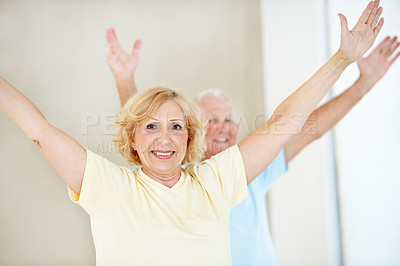 Buy stock photo Portrait, stretching and old woman in gym class with smile, fitness or workout for retirement wellness. Happy, elderly person and warm up exercise for senior people, mobility and holistic health.