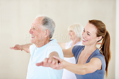 Buy stock photo Old man, stretching and exercise with personal trainer in gym, smile or physical activity for health. Fitness, instructor and happy woman with elderly people, help and workout routine for wellness