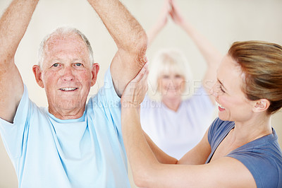 Buy stock photo Yoga, instructor or old people in club with support, guidance or zen practice in wellness class. Portrait, coach or elderly man with tree pose, holistic hobby or mindset improvement in retirement.