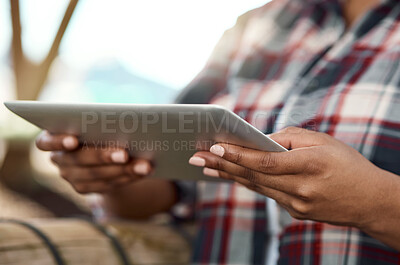 Buy stock photo Hands, farmer or tablet in greenhouse for research, quality assurance or monitor crop growth. Employee, tech or woman on farm for update, agriculture timeline or app for development in supply chain