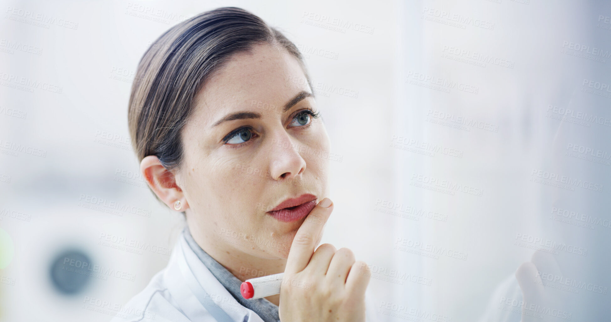 Buy stock photo Thinking, whiteboard and woman in lab, science and research for medical development. Space, scientist and person in workplace, solution and results for experiment, brainstorming and clinical trial