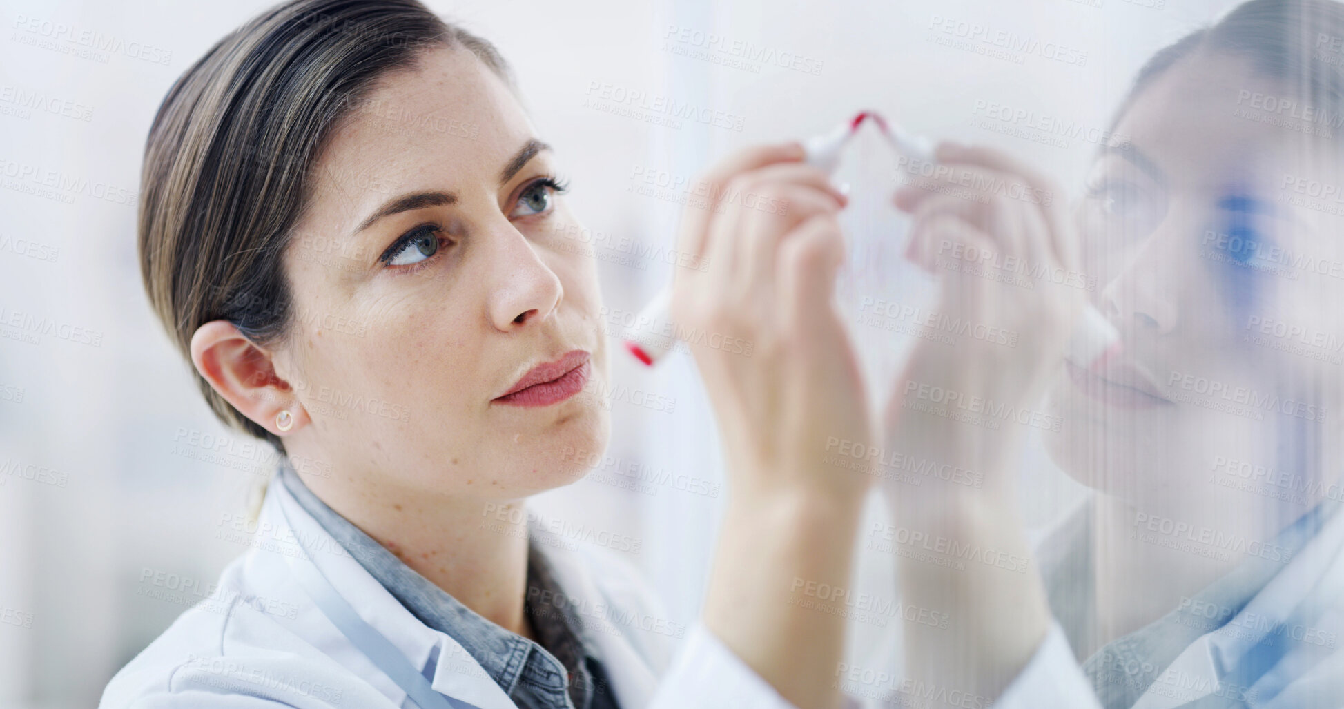 Buy stock photo Writing whiteboard and woman in lab, science and research for medical development. Thinking, scientist and person in workplace, solution and results for experiment, brainstorming and clinical trial