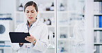Woman, scientist and typing in lab with tablet, medical research and results for investigation. Female person, digital tech and app for biology with drug trial, experiment or forensic project