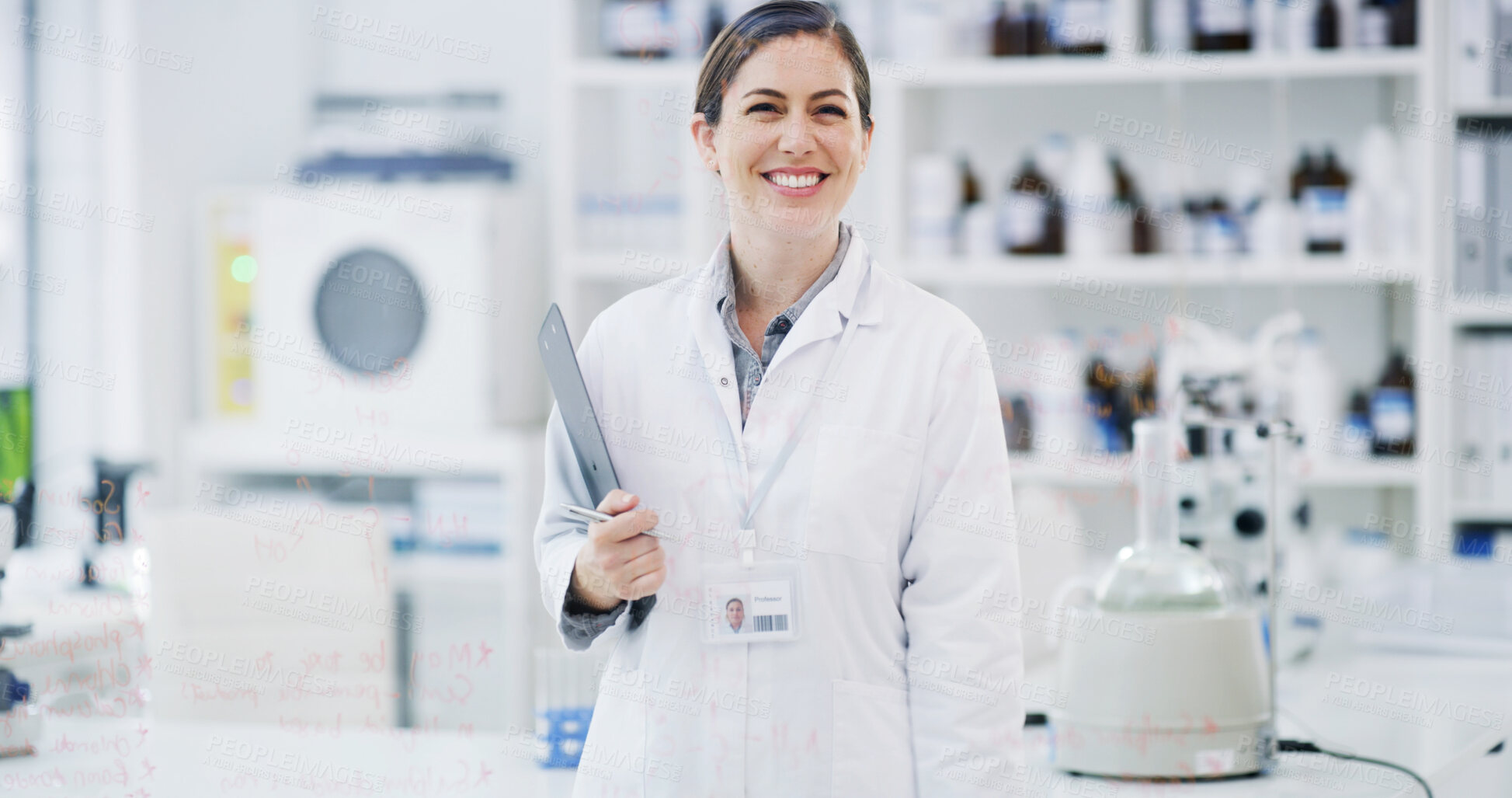 Buy stock photo Portrait, scientist and woman with clipboard in lab, medical research or pride for pharma development. Smile, clinical investigation or researcher with formula in testing center, confidence or glass