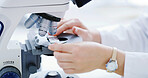 Hands, woman and microscope slides for science, test or biology analysis in laboratory box. Equipment, micro glass and person with medical research, chemistry or biotechnology tools for innovation