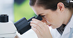 Microscope, scientist or woman in lab for research, pathology study or virus investigation for cure. Tech, examine or researcher with sample for pharma development, medical test or clinical trial