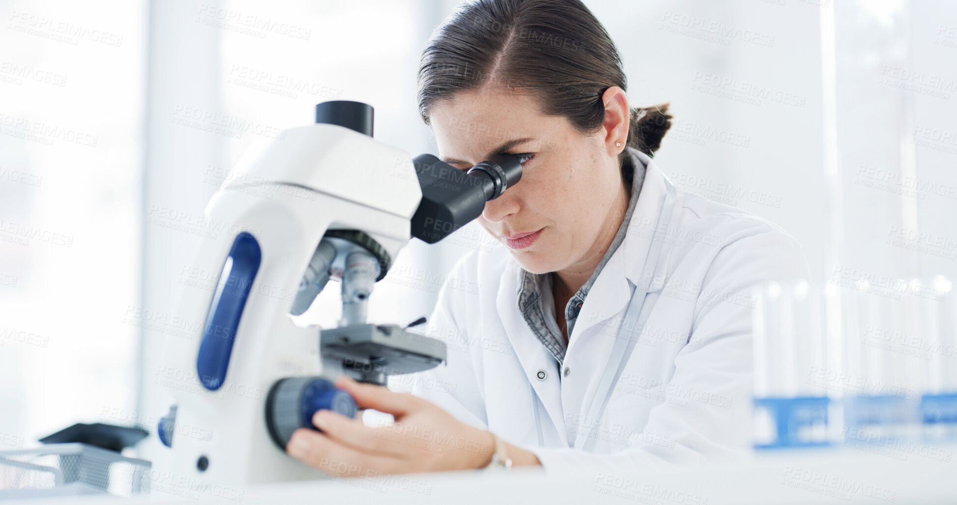 Buy stock photo Microscope, scientist or woman in lab for experiment, pathology study or virus investigation for cure. Tech, examine or person with sample for pharma development, medical research or clinical trial