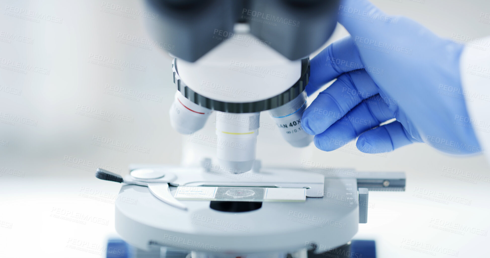 Buy stock photo Person, hands and science with microscope for exam, medical investigation or forensic research. DNA, sample or microbiology with biotechnology or micro organism in lab for test, analysis or study