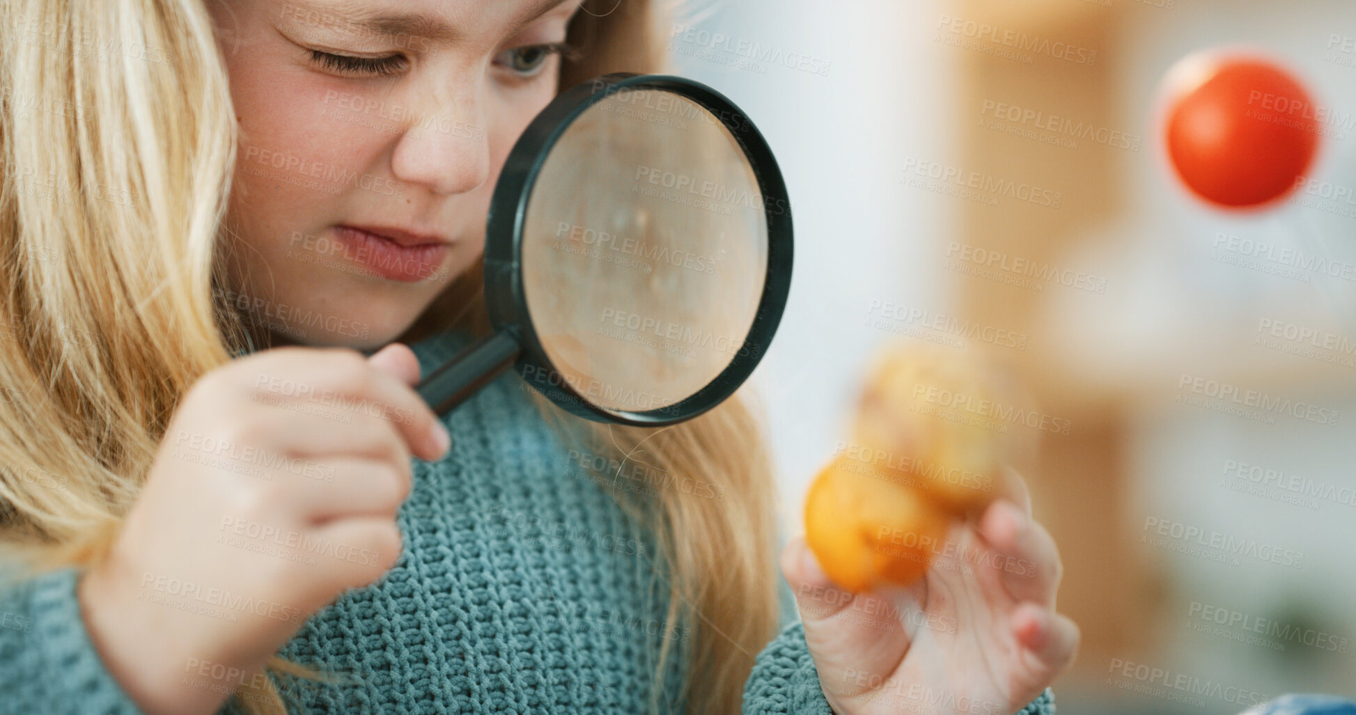 Buy stock photo Magnifying glass, science and girl with atom model for project, discovery or assignment. Learning, lens and child with inspection of molecule, particle or element for school homework in house