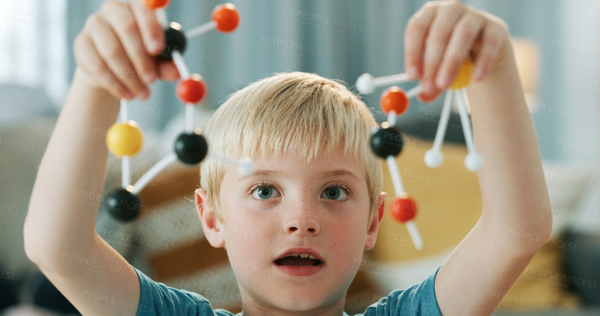 Buy stock photo Study, science and child with atom model for project, education or assignment in house. Learn, student and boy kid with inspection of molecule, particle or element for school homework in apartment.
