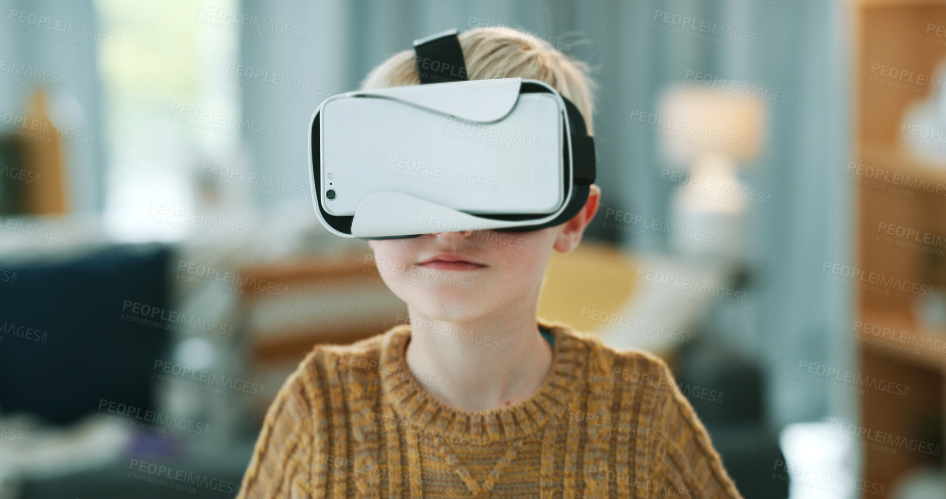 Buy stock photo Online, glasses and child in home with virtual reality, metaverse and gaming in cyberspace. Childhood, house and boy with vr goggles for digital entertainment, futuristic gamer and 3d experience