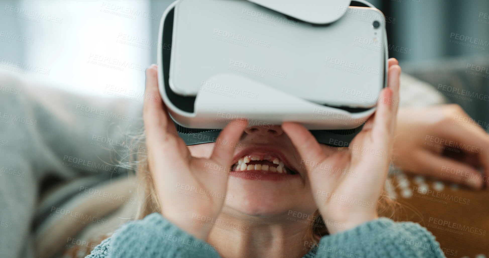 Buy stock photo Virtual reality, relax and child with parent on sofa for gaming, metaverse or cyberspace on weekend. Family, home and kid with vr glasses for entertainment, digital streaming and 3d experience