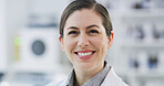 Happy, woman and portrait of scientist in laboratory with confidence for medical research. Smile, about us and female biologist with pride for job opportunity with pharmaceutical science in London. 