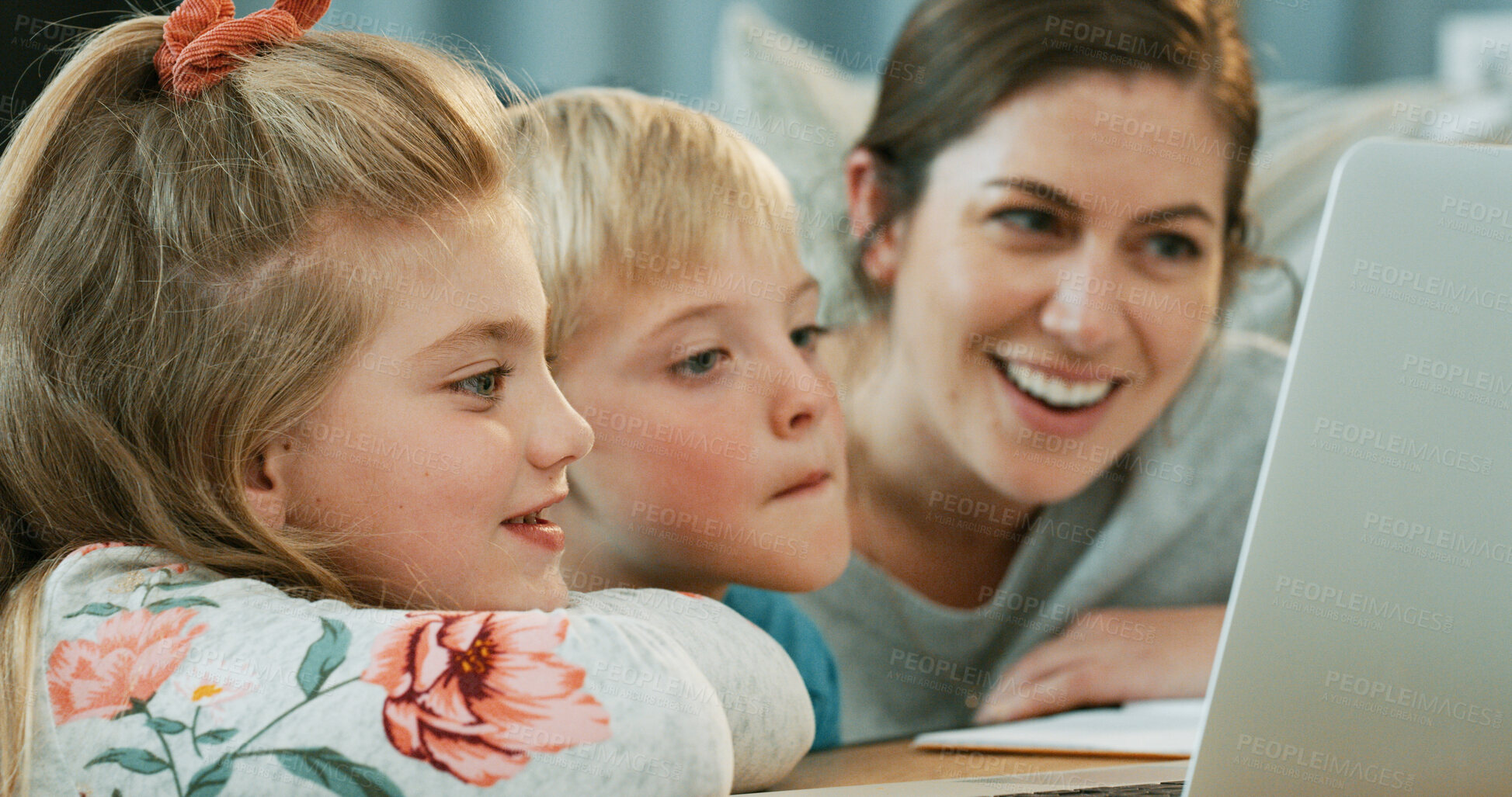 Buy stock photo Learning, mother and children with laptop in home, educational movie and internet video for knowledge. Watch, happy woman and kids with computer for elearning app, online class and academic platform