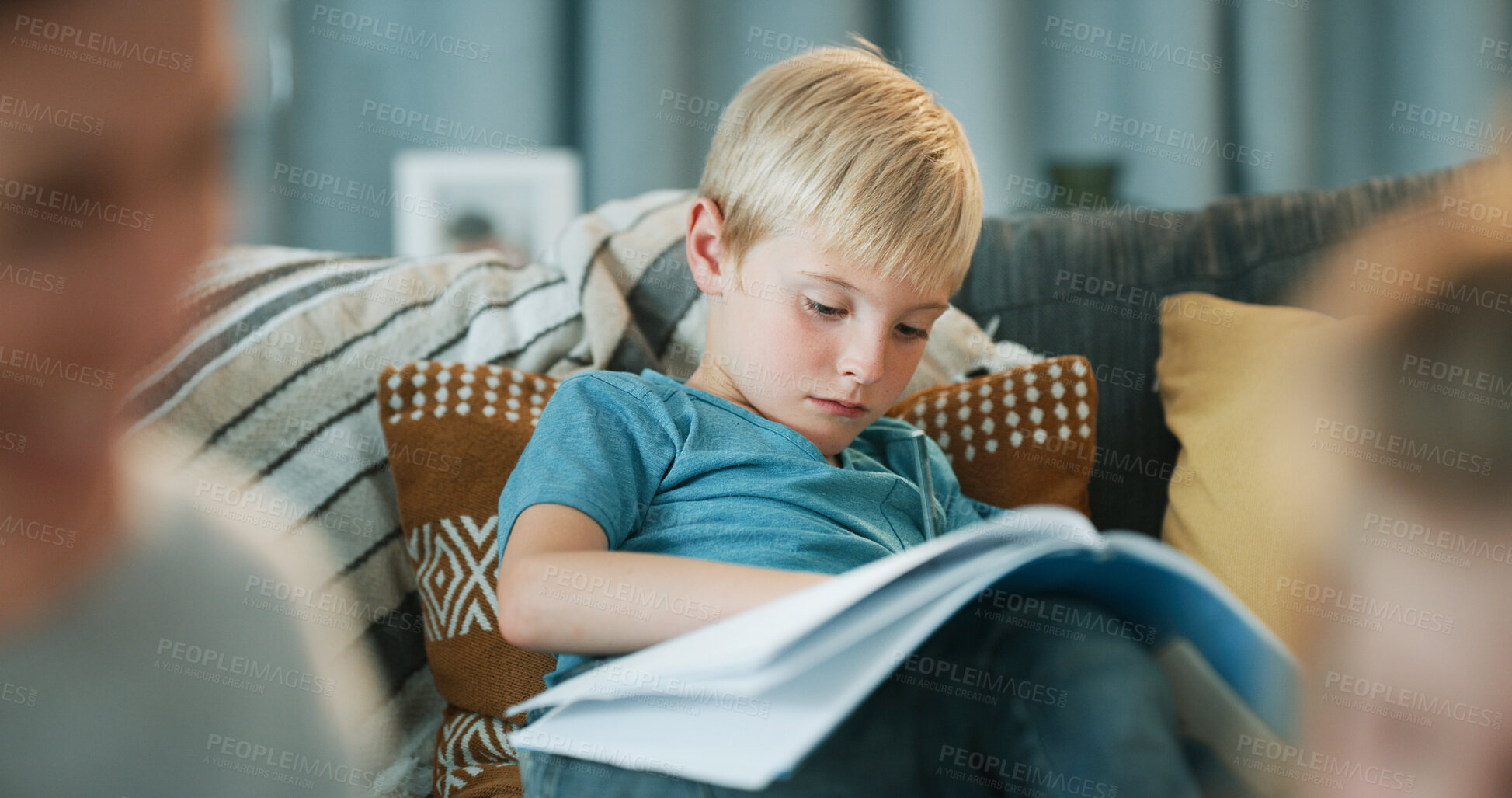 Buy stock photo Child, learning and reading book in family home with knowledge, literature and language development. Boy, hobby and creative storytelling in living room for education, growth and study literacy.