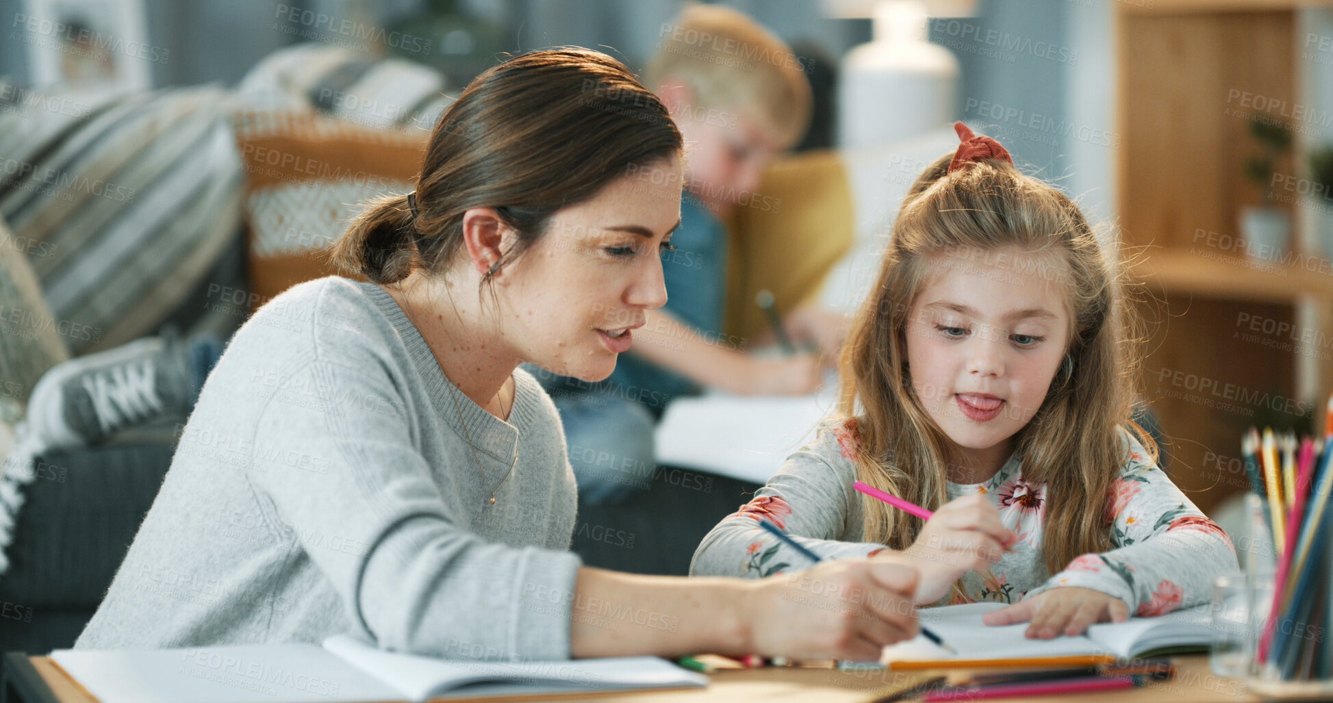 Buy stock photo Help, writing and mom with child in home with activity sheet, development and learning together. Homework, family and woman with girl for education, teaching and knowledge with assignment in house