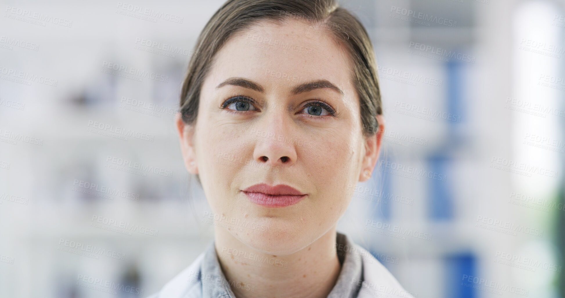 Buy stock photo Portrait, science and woman with confidence in lab, biochemistry research and molecule experiment. Space, medical testing or scientist with pride for biological study, cure development or about us