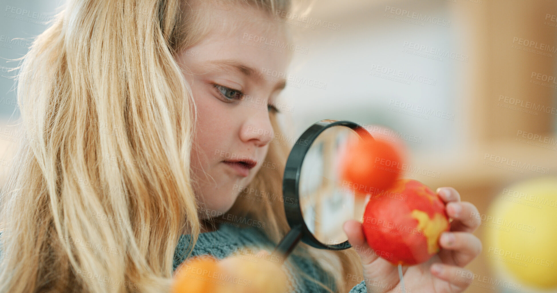 Buy stock photo Science, child or molecule model with magnifying glass for matter homework, learning or curiosity. Education, girl kid or lens in home for atom observation, remote scientific assignment or experiment